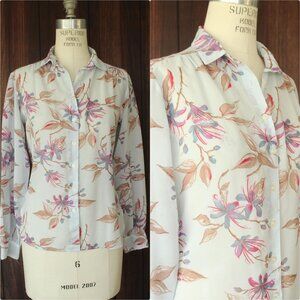 Vintage 1980s 1990s Blouse, Pale Blue Gray Chiffon with a Floral Print Button